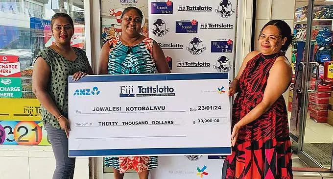 From left: Neelam Singh (Tattslotto operator in Nausori outlet), Lusiana Tamarisi (senior manager for Fiji Tattslotto ) and $30,000 winner, Jowalesi Kotobalavu. Photo: Shreeya Verma