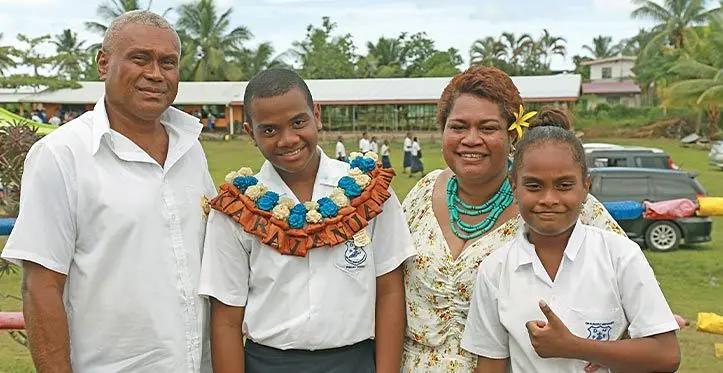 From left: Filimone Roqa, Davuilevu Methodist Primary School head boy Timoci Karavanua, mother Amelia Roqa and Timoci’s younger brother Nimolote Roqa on March 13, 2023. Photo: Jone Salusalu