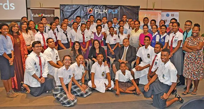 Second row third from left: Film Fiji chairperson Shaenaz Voss, Minister for Education Rosy Akbar, Film Fiji Acting chief executive officer Jone Tikoca with teachers and students at the launch of the Kula Film Awards at the Grand Pacific Hotel in Suva on Wednesday April 10. Photo: DEPTFO News