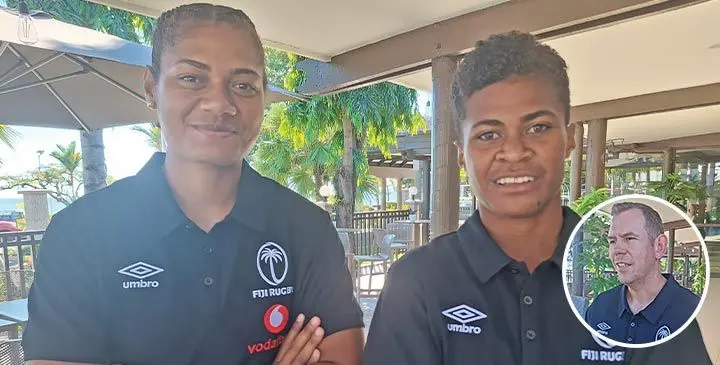 Vodafone Fijiana XVs squad members Alfreda Fisher (left) and Atelaite Buna ta the Tanoa Waterfront Hotel, Lautoka on May 28, 2025. Photo: Mereleki Nai/Inset: Fijiana XVs coach Ioan Cunningham.