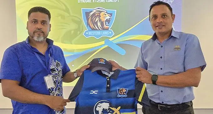 Danam Fiji/ Elite Travel manager Malinda Dias (left) with Western Lions executive Himanshu Patel during the handover in Lautoka on February 4, 2025. Photo: Waisea Nasokia