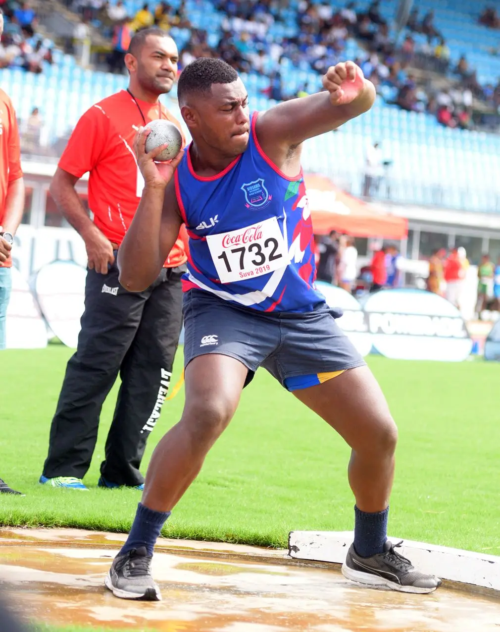 Aminio Naivalu of Niusawa Methodist School during  Coca-Games senior boys shot put final at ANZ Stadium on Ap[roil 16, 2019. Photo: Ronald Kumar.