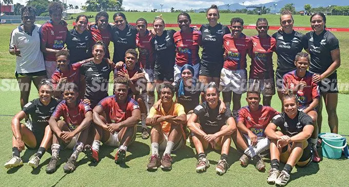 New Zealand Women’s and Lautoka Maroon players after their playoff encounter during the Fun Flavour Super Sevens Series at Churchill Park, Lautoka. Photo: Waisea Nasoki