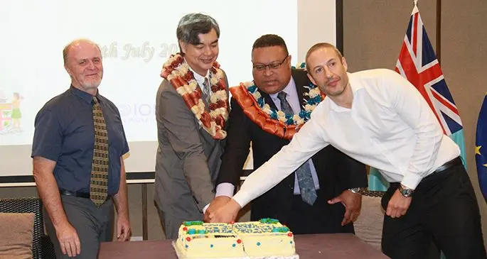 From left: Pastor Mark Roche, Head of the EU Delegation to the Pacific, Sujiro Seam, Permanent Secretary Defence, National Security and Policing, Manasa Lesuma and Hassan El Maaroufi. Photo: Kelera Sovasiga