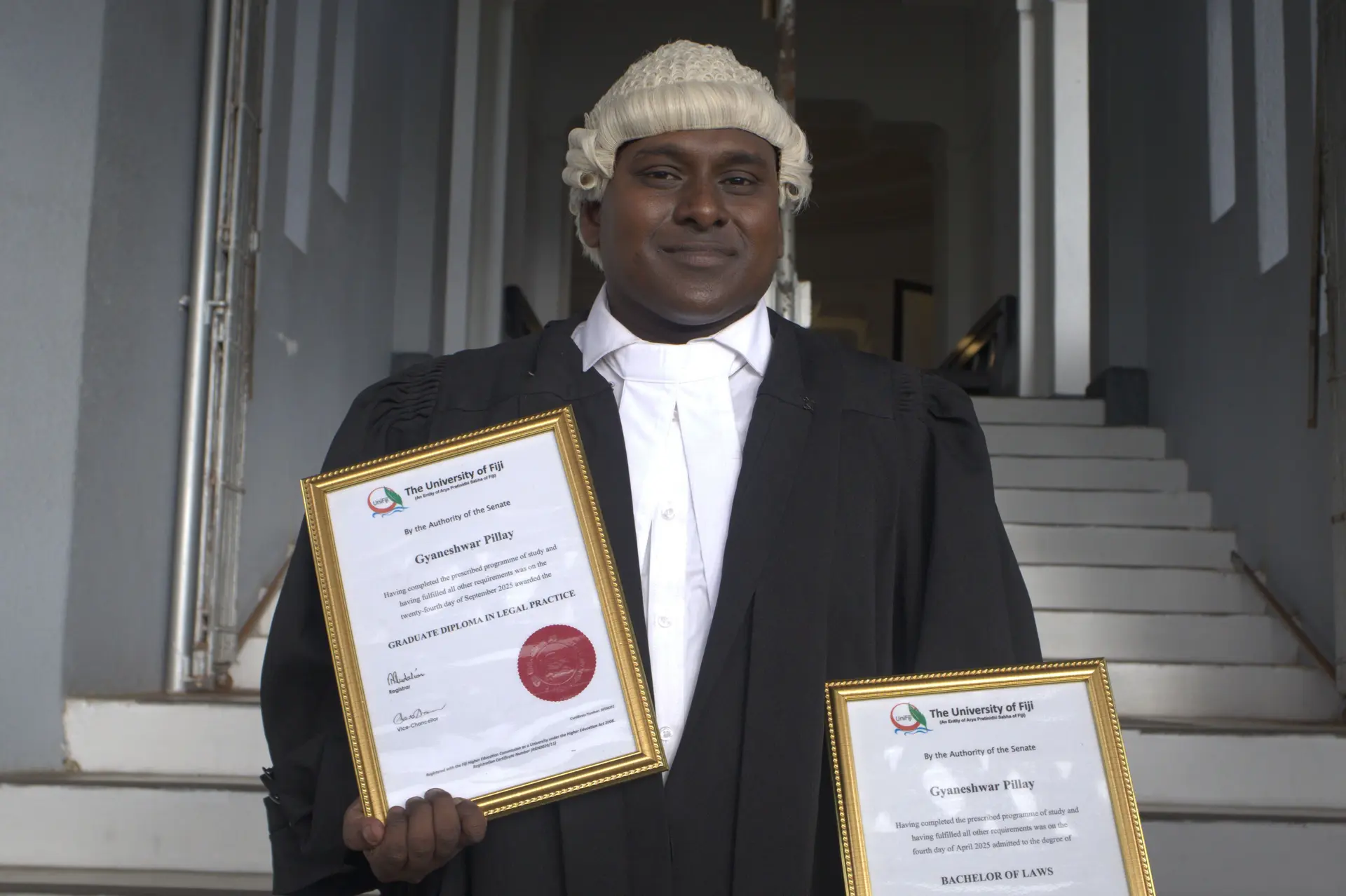 Newly admitted lawyer and police corporal Gyaneshwar Pillay after being sworn in at the Suva High Court on Friday.