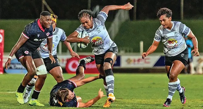 Rooster Chicken Fijiana XV lock forward Asinate Serevi (with ball) during their test match against Canada at the HFC Bank stadium on September 23, 2022. Photo: Leon Lord 