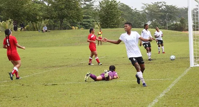 Team Fiji women’s footballer Cema Nasau after scoring against American Samoa during the Pacific Games in Apia, Samoa on July 8, 2019. Fiji won 11-0. Photo: Anasilini Natoga