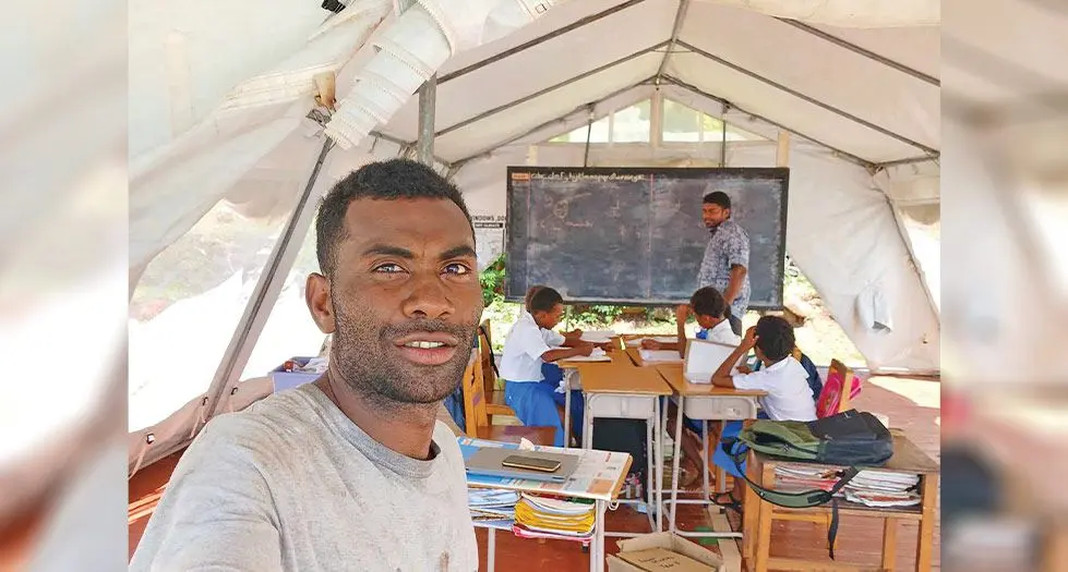  Yadua Island headman Iliesa Rakuka inside the tent at Yadua Village School in Bua on March 1, 2024.