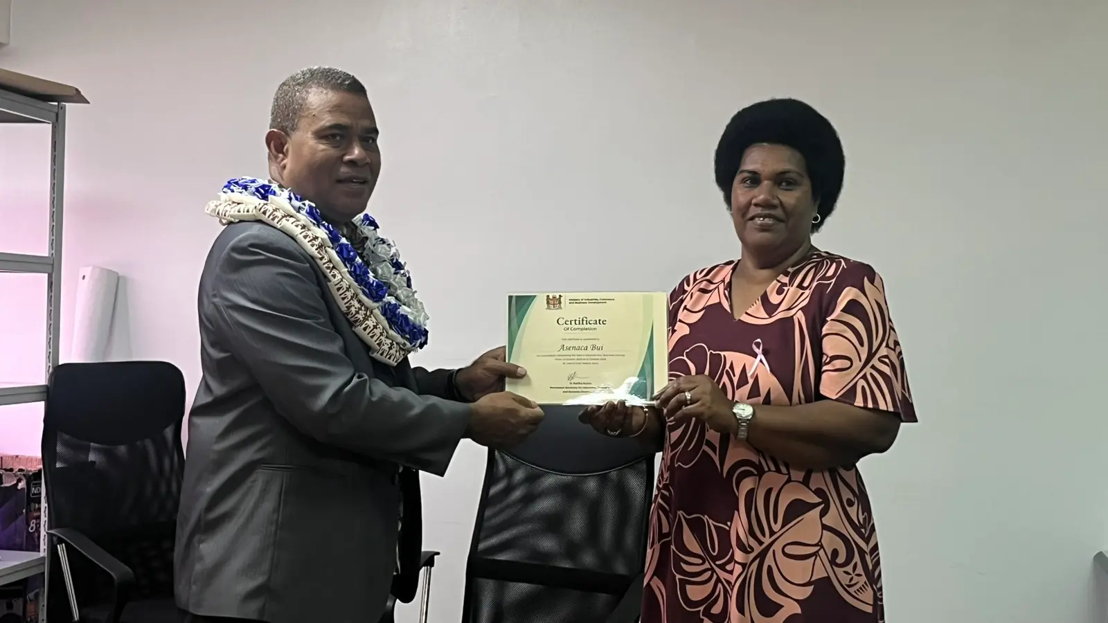 Navolau businesswoman Asenaca Bui receiving her certificate during the Business Training Certificate Presentation to Potential Micro, Small and Medium Enterprises (MSMEs) on Thursday October 15, 2026.