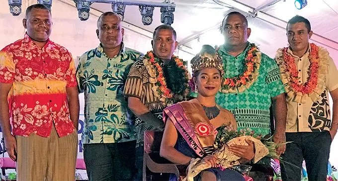 (Front row, seated) Miss Savusavu 2019 Christine Baravilala. (Back row, from left): Provincial Administrator Cakaudrove, Setareki Dakuiboca, Savusavu Committee chairperson, Manoj Lal, Vodafone head of sales and promotions, James Sharma, Commissioner Northern Jovesa Vocea and head of recharge and distribution Vodafone Fiji, Nilesh Singh, after the crowning at Narain Park in Savusavu on October 5, 2019. Photo: Laisa Lui.