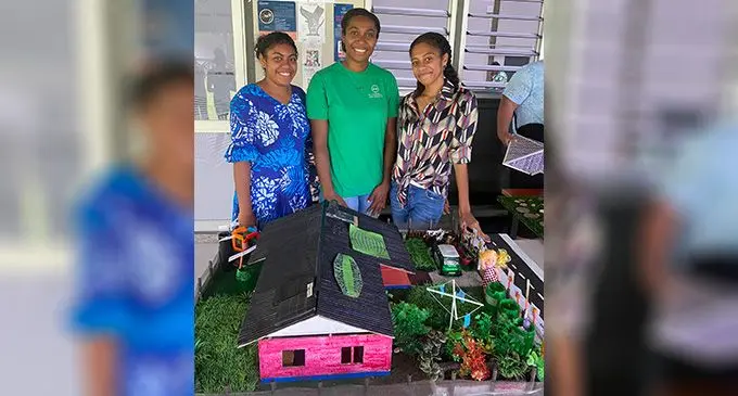 (From L-R) Mere Camaibulu, Mereani Domolola and Akisi Nabou from the College of Engineering School of Science, Nabua Campus with their project model. Photo: Kelera Sovasiga-Tuisawau