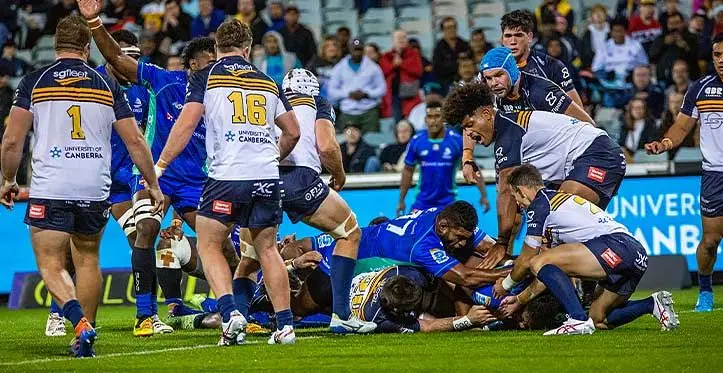 Swire Shipping Fijian Drua lock Leone Rotuisolia (with ball) was denied a try against the ACT Brumbies on Friday after the TMO ruled that Rotuisolia had crawled his way to the try line. The Drua lost 28-43. Photos: Leon Lord