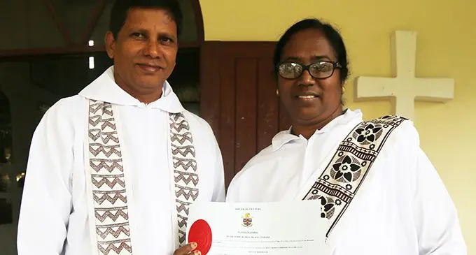 Newly ordained deacon, Reena Prasad with her husband Rev Umesh Prasad at the Holy Trinity Anglican Church in Suva on November 17, 2019.  Photo: Kelera Sovasiga