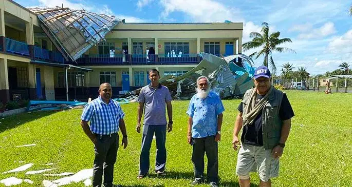 Prime Minister Voreqe Bainimarama (right) during his visit to areas affected by Tropical Cyclone Harold, including Bhawani Dayal Arya College in Nakasi. Photo: Office of the Prime Minister