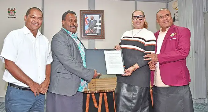 From left: Mai TV director Stanley Simpson, Assistant Minister for Information Aliki Bia, Mai TV chief executive officer Raijieli Vulaono and New Methodist Christian Fellowship Reverend Atunaisa Vulaono during the signing of the Public Service Broadcast (PSB) Grant agreement January 31, 2025. Photo: DEPTFO News