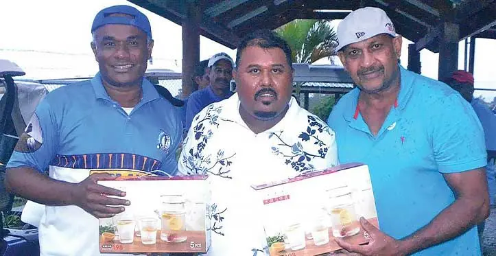 Pillay’s Auto World Ambrose ninth edition champions (left-right) Maika Kasami with sponsor representatives Reginal Ram and Dennis Singh at the Lautoka Golf Club on July 15, 2023. Photo: Supplied
