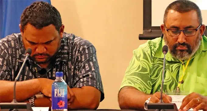 From left; FIJI WATER director stakeholder relations Geoffrey Smith and Rev. James Bhagwan in Suva on March 9,2019.Photo: Simione Haravanua