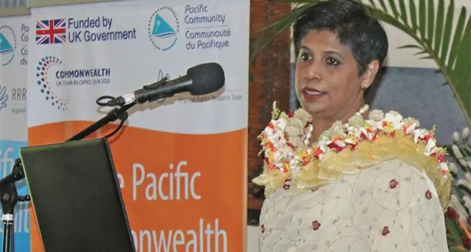 Fiji’s Permanent Representative to the United Nations in Geneva, Ambassador Nazhat Shameem Khan, speaking at the Regional High Level Dialogue on National Mechanisms for Human Rights, at the Tanoa International Hotel in Nadi on April 11, 2019. Photo: SPC