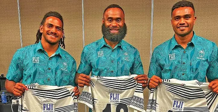 Taveuni trio.. From left Selesitino Ravutaumada, Semi Radradra and Iosefo Masi following the FIJI Water Flying Fijians jersey presentation in Apia, Samoa on July 28, 2023. Photo: FRU Media