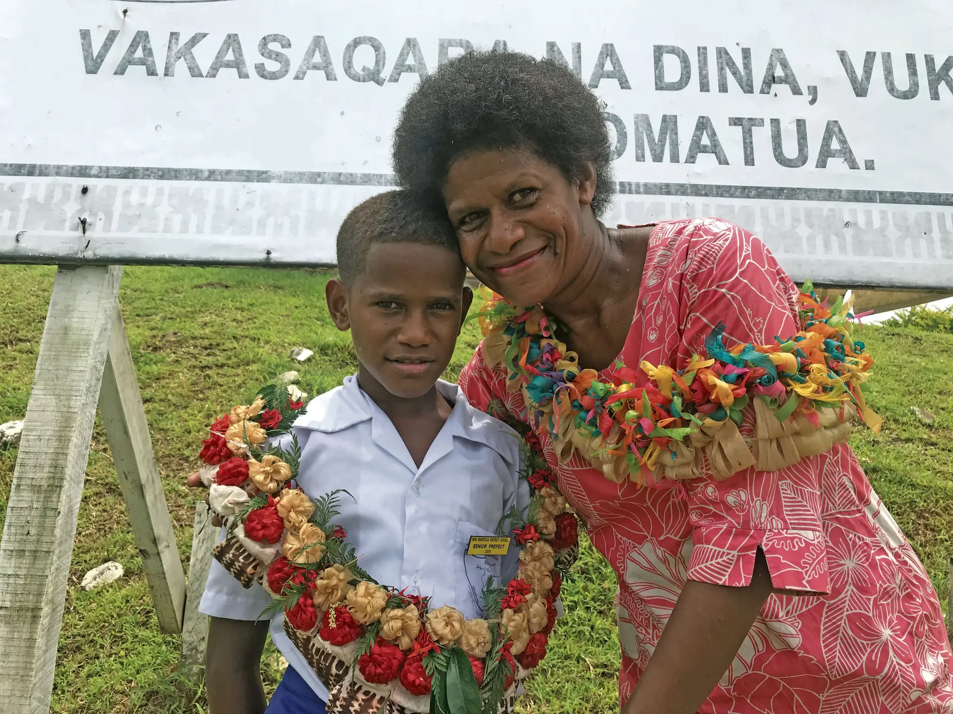 COP 23 star Timoci Naulusala and his mother Raijieli Tinai during the prefect induction at Naivicula District School on February 9, 2018. Photo: Joseva Veibataki