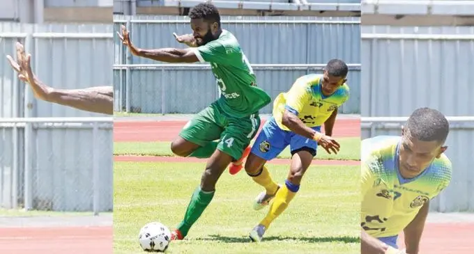 Nadi defender Sekove Finau controls the ball away from Nadroga’s Paula Buke during their Digicel Premier League clash at Churchill Park, Lautoka, on February 20, 2022. Photo: Waisea Nasokia