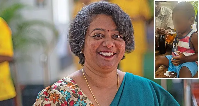 Minister for Women, Children, and Social Protection, Sashi Kiran. Photo: Leon Lord/Inset: A child consuming alcohol.