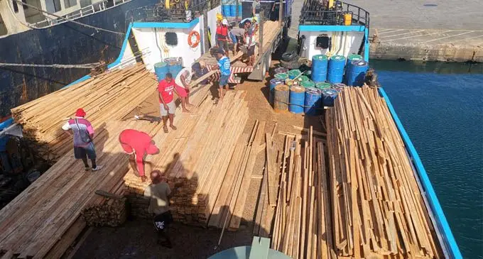 The $10,000 worth of sawn pine timber from the Yavusa Tiliva in Kadavu that has been shipped to Suva on Brighton Shipping Company vessel Liahona II. The members of the Yavusa Tiliva Pine management Committee were loading the pines to Bharty Enterprise Limited truck on October 14, 2020. Photo: Lusiana Tuimaisala