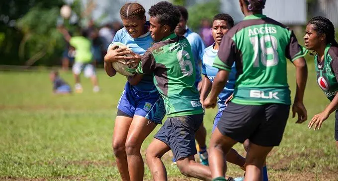 Namosi Secondary School’s Selina Balenakau (with ball) during their Open girl’s Fiji Secondary Schools Rugby League competition at Marcellin Primary School ground, Vatuwaqa, Suva on June 4, 2022. Photo: Leon Lord 