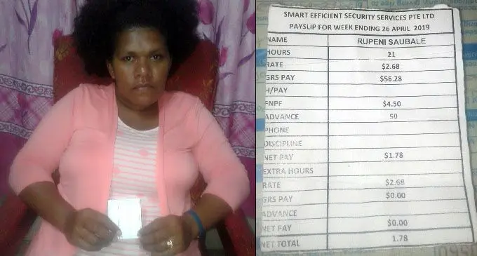 Ulamila Ranadi,36, holding her late husband, Rupeni Savubale’s, payslip from Smart Security Services.