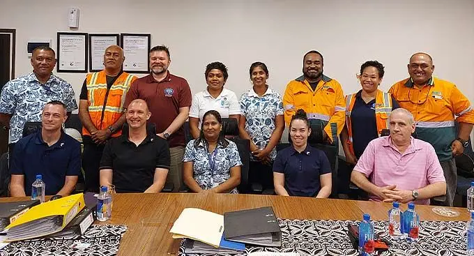 United States Coast Guard International Port Security Program, chief capacity building and technical assistance, Scott Wolland (standing third from left) with his team and representatives from the Maritime Safety Authority of Fiji and the Fiji Ports Corporation Limited at the Port of Lautoka on January 10, 2023. Photo: Nicolette Chambers