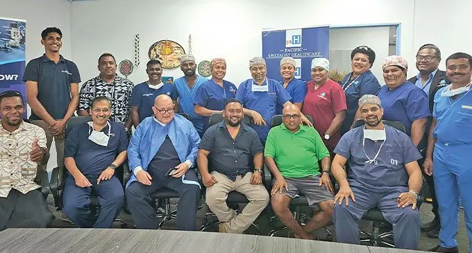 Pacific Specialist Healthcare’s team of heart surgeons, nurses and back up staff after the operation. Photo: Charles Chambers