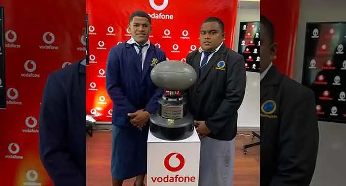 From left: Queen Victoria School Under-18 captain Tomasi Seru, with Ratu Kadavulevu School U18 captain, Tawake Vakacegu in Suva on July 20, 2022. Photo: Sereana Salalo