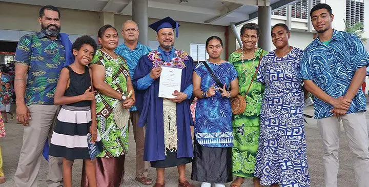 Vafoou Fesaitu (fifth from left), with family members after his graduation at the Vodafone Arena in Suva on April 17, 2025. Photo: Rariqi Turner