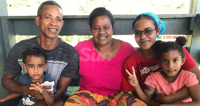 From left: Jona Kalepo holding his grandson, Junior Jona Kalepo, his wife Mareta Loaloa, daughter Ilisabeta Lawanuka with granddaughter on the lap, Seruwaia Loganimoce in Vunivau, Labasa on May 8, 2021. Photo: Shratika Naidu