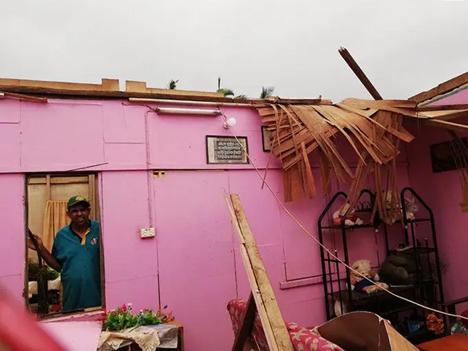Damage to house caused by Cyclone Yasa.