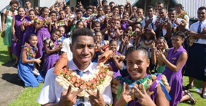 John Wesley College head boy Eparama Naivulasiga and head girl Senibua Likukula with fellow prefects after their induction at Raiwai Methodist Church on February 8, 2019. Photo: Ronald Kumar