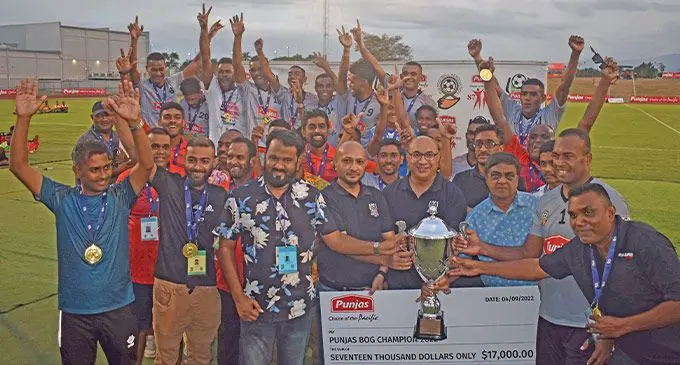 Labasa football players with officials in celebratory mood after winning the 2022 Battle of the Giants title at Churchill Park in Lautoka on Sunday, September 4, 2022. Photo: Waisea Nasokia