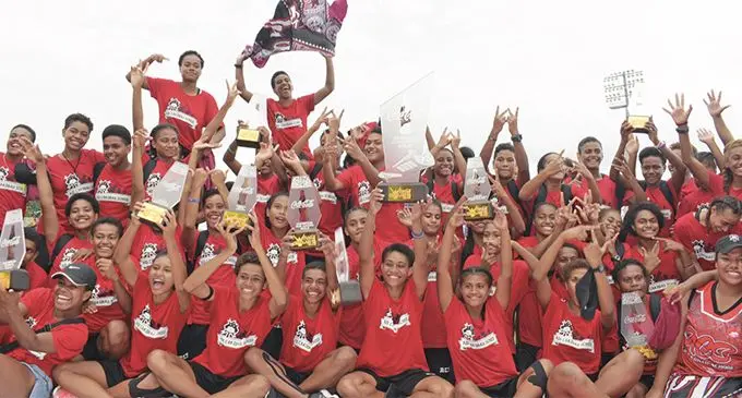 Athletes from Adi Cakobau School after winning the Coca-Cola Games girls division at the ANZ Stadium, Suva on April 18, 2019. Photo: Ronald Kumar