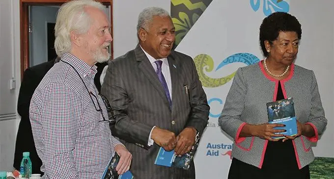 From left: Veteran Australian Parliamentary reporter and trainer Steve Chase, Prime Minister Voreqe Bainimarama and Opposition MP Ro Teimumu Kepa on April 3, 2019, during the launching of the Fiji Parliamentary Reporting Handbook.