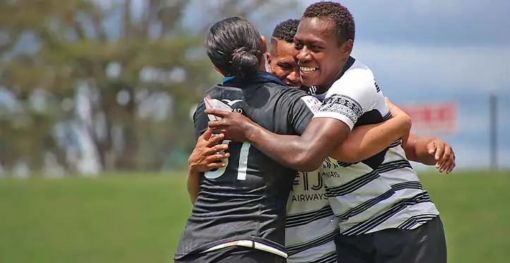 Fijiana sevens players are congratulated by a New Zealand player after their match at the Fiji Airways international mini 7s at Churchill Park, Lautoka on September 28, 2023. Photo: FRU Media