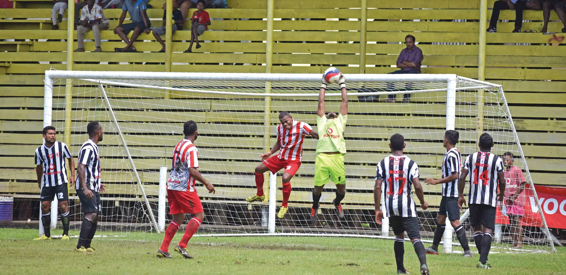 Dreketi goal keeper Petero Namoce caught the ball away from Labasa players during the Vodafone Premier League at Subrail Park on February 17. Photo:Shratika Naidu