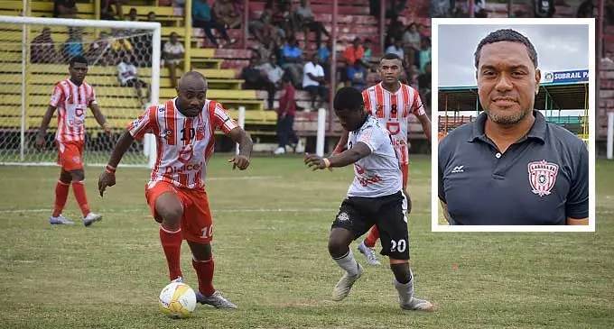 Labasa’s Christopher Wasasala, 10, tries to maintain possession against Suva during their match at Subrail Park, Labasa on July 15, 2023. Photo: Shratika Naidu. Inset: Thomas Vulivuli