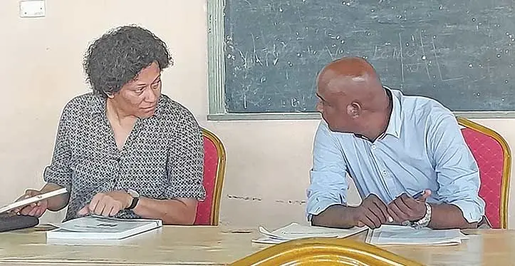 From left: Fiscal Review committee members Mereia Volavola and Neelesh Gounder discussing in Nausori on March 30, 2023. Photo: Wati Talebula-nuku