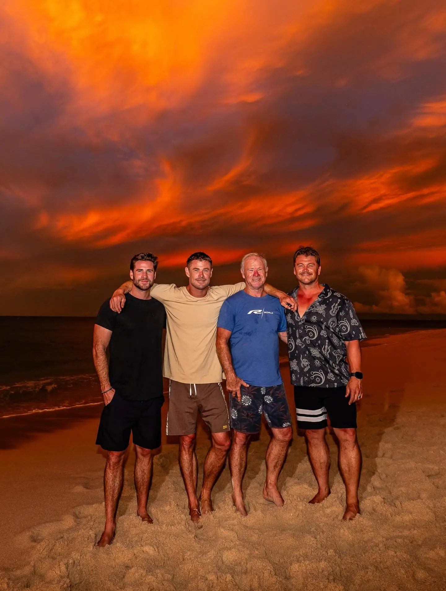Along on the trip are Chris Hemsworth's (2nd from left) brothers Liam (left) and Luke (far right), and their 71-year-old father, Craig Hemsworth (centre).