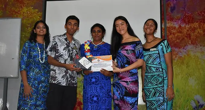 Swami Vivekananda College teacher Geeta Nandani (middle) with students during the Fiji Day celebrations. Photo: Swami Vivekananda College