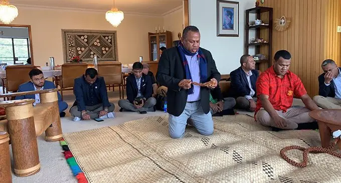Minister for Defence, National Security and Foreign Affairs Inia Seruiratu receives a tabua (whale’s tooth) on behalf of the Prime Minister, Voreqe Bainimarama, and the Fijian delegation in Canberra, Australia, on September 15, 2019.  Photo: PM’s Office