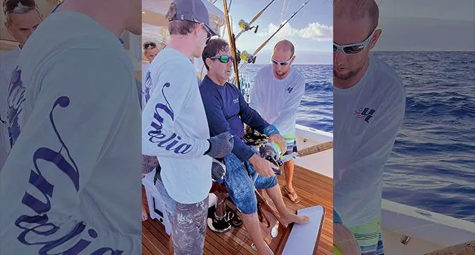 Team Fiji captain Justin Smith, centre in control of the reel during the Pacific Cup Game Fishing tournament in Kona, Hawaii, on August 3, 2022. Photo: Marc McElrath.