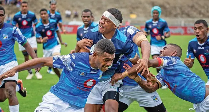 Ba Provincial Free Bird Institute second five eighth Akuila Qoro (with ball) takes on the Nasinu defence during the national Vodafone Deans Under-18 quarterfinals at the HFC Bank Stadium, Suva on September 24, 2022. Photo: Leon Lord.
