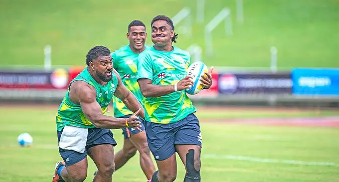 Swire Shipping Fijian Drua’s full-back Isikeli Rabitu (with the ball) is chased by Mesulame Dolokoto and Tuidraki Samusamuvodre during the Captain’s run at the HFC Bank Stadium in Suva on February 14, 2025. Photo: Leon Lord