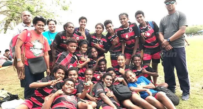 Naitasiri Secondary School Under-16 girls rugby team with officials and supporters at Bidesi Park, Suva, on August 6, 2022. Photo: Simione Haravanua